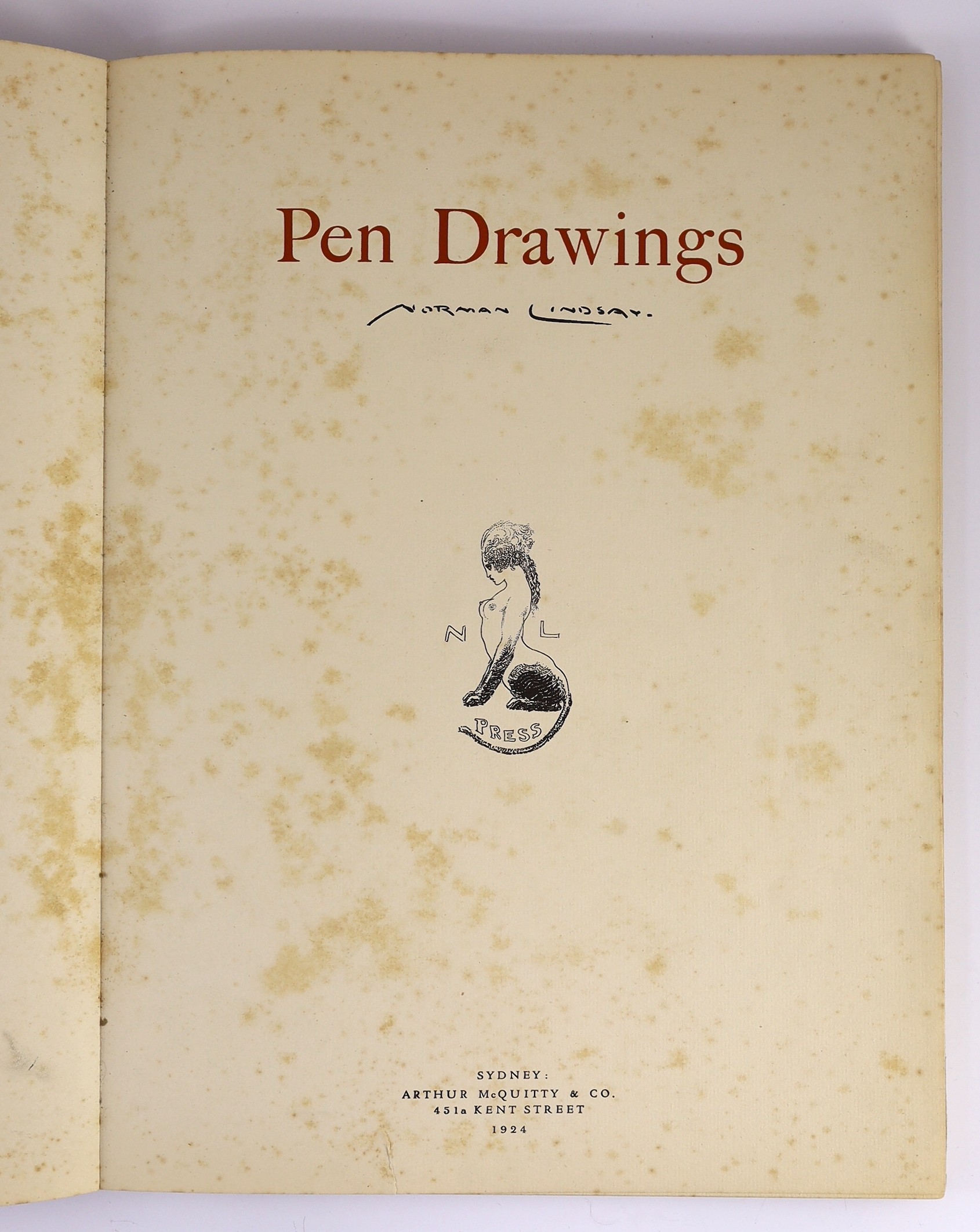 Lindsay, Norman - Pen Drawings. Limited edition of 500 numbered copies, signed by the artist. pictorial title and 24 plates; publisher's art vellum and gilt pictorial grey paper boards with gilt label, folio, Sydney, 192